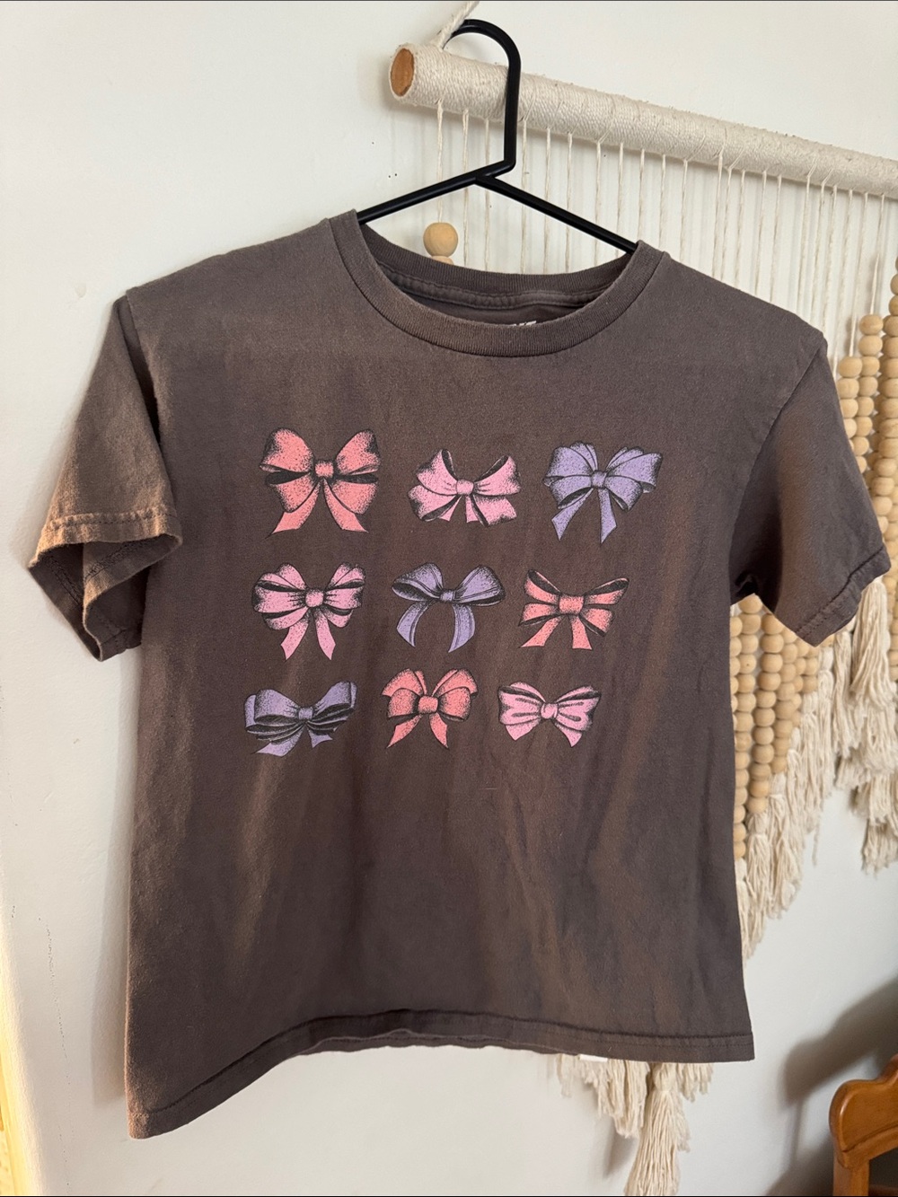 Tilly's Brown Short Sleeve Tee with Pink & Purple Bows